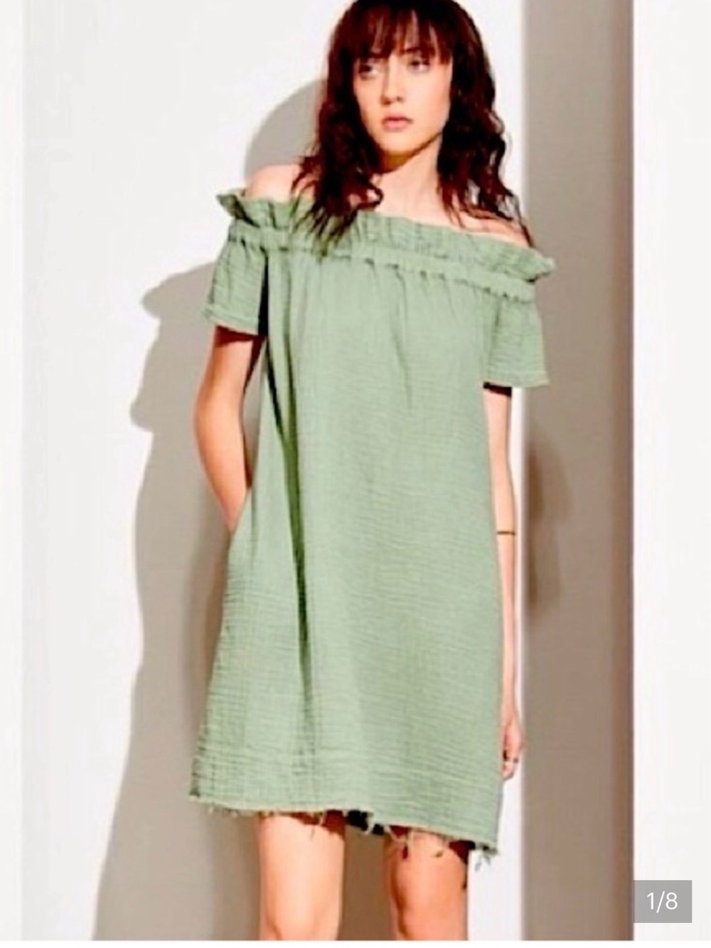 Anthropologie Olive Green Off-Shoulder Mini Dress